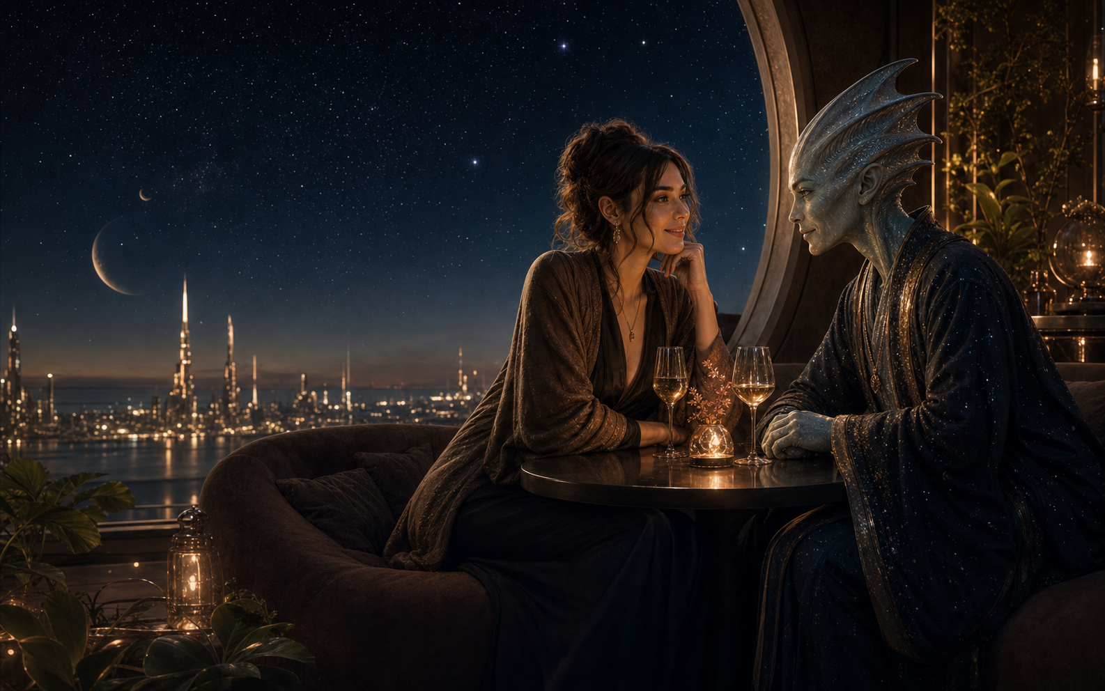 A human woman and a disclosure alien on a date under the stars.